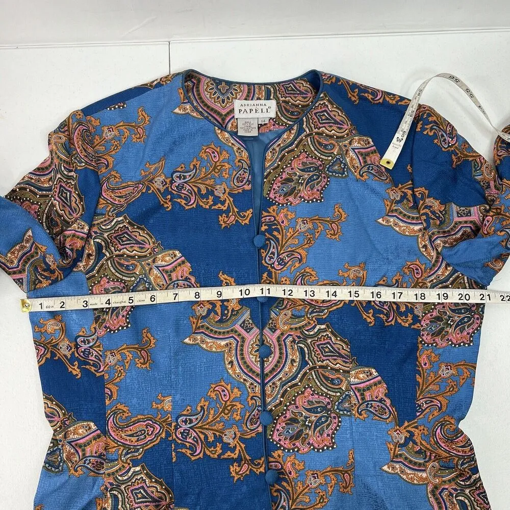 Adrianna Papell Size 14 Jacket Topper 100% Silk Button Front Teal Blue Paisley - Image 9