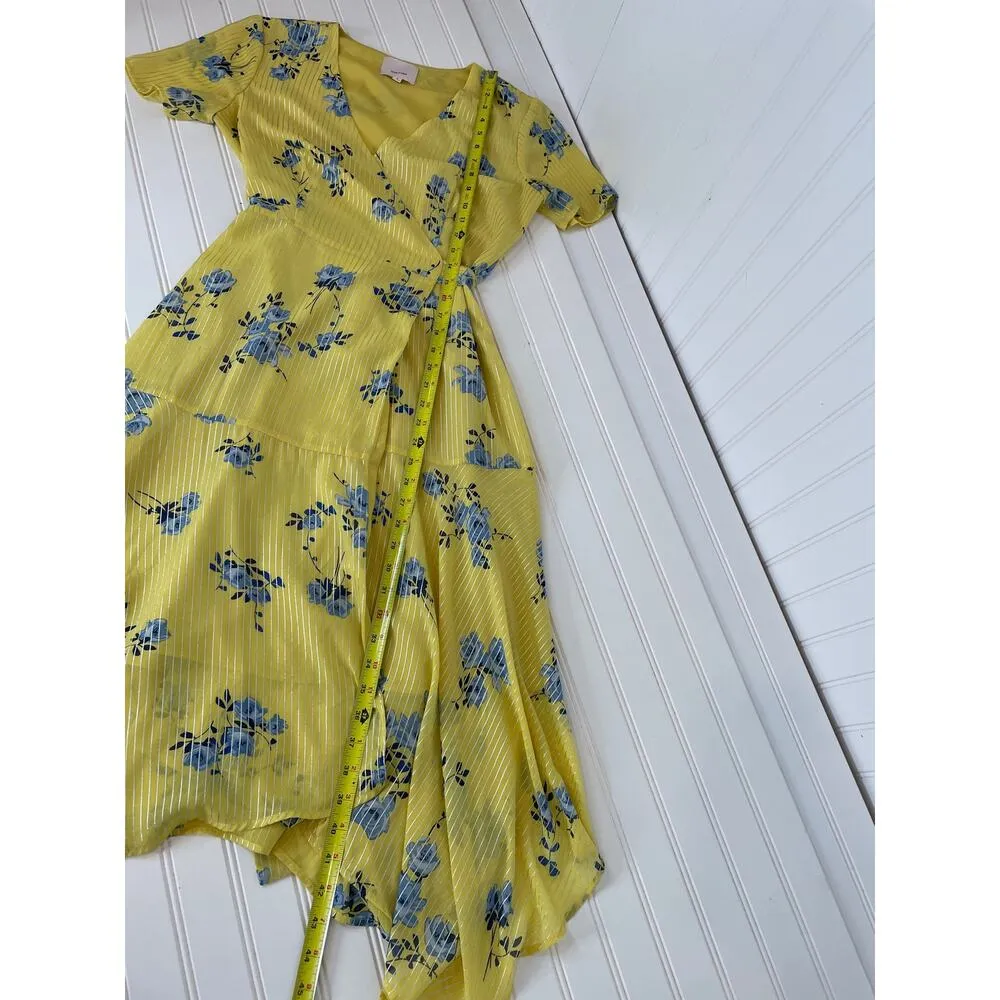 Cinq À Sept Wrap Floral Dress Yellow & Blue Short Sleeve Asymmetrical Ruffle 4 - Image 4