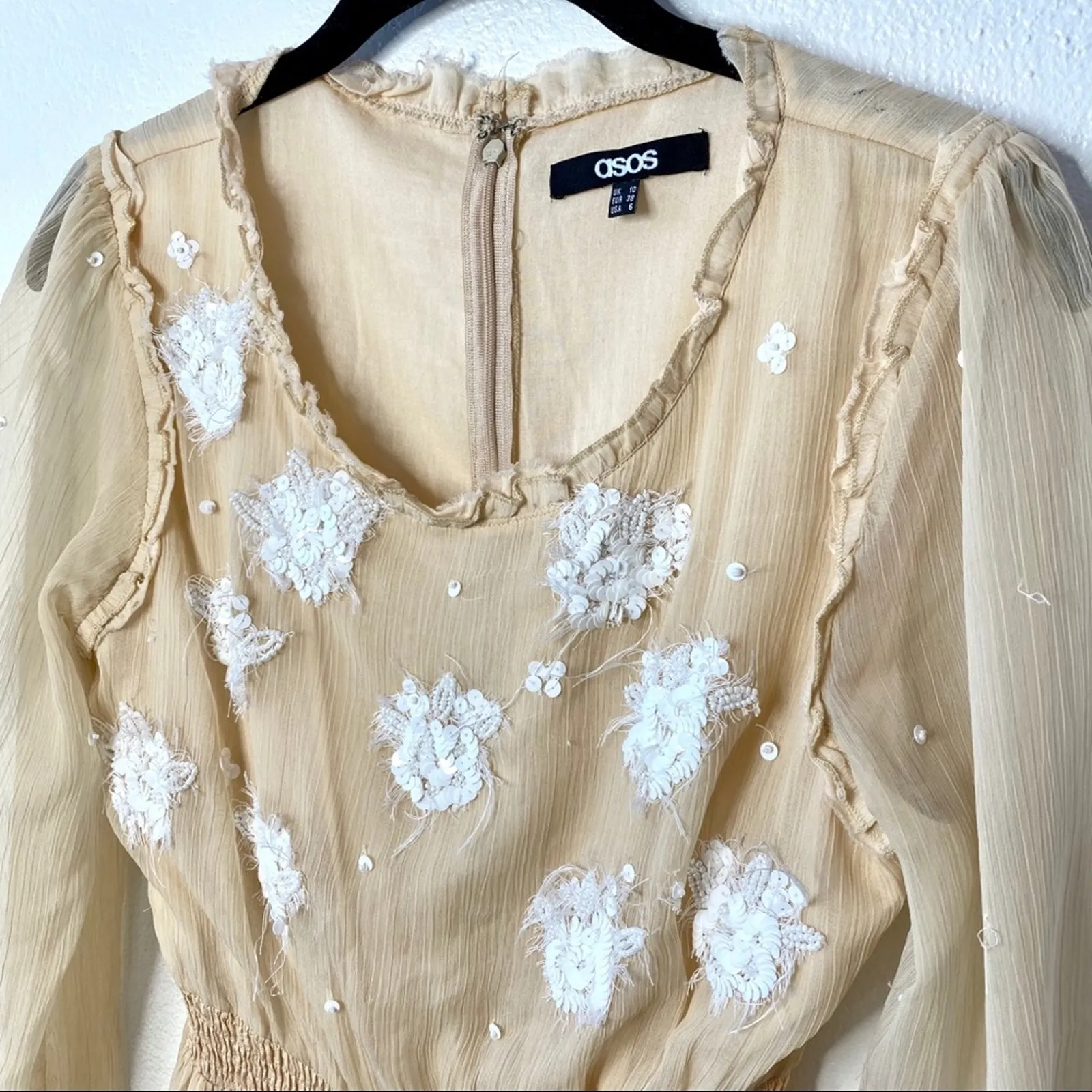 ASOS Sequin Flower Sheer Sleeve Nude Dress Size 6 - Image 2