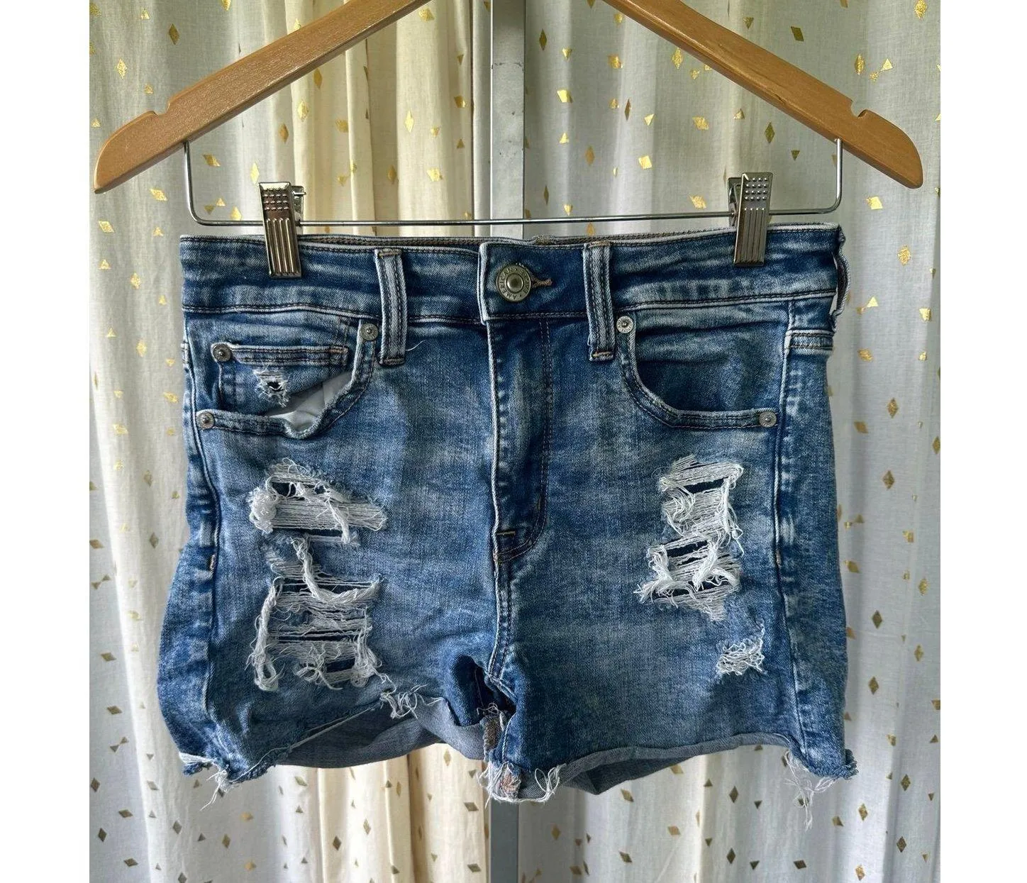 American Eagle Stretch Hi-Rise Light Wash Distressed Raw Edge Folded Hem Shortie - Image 2