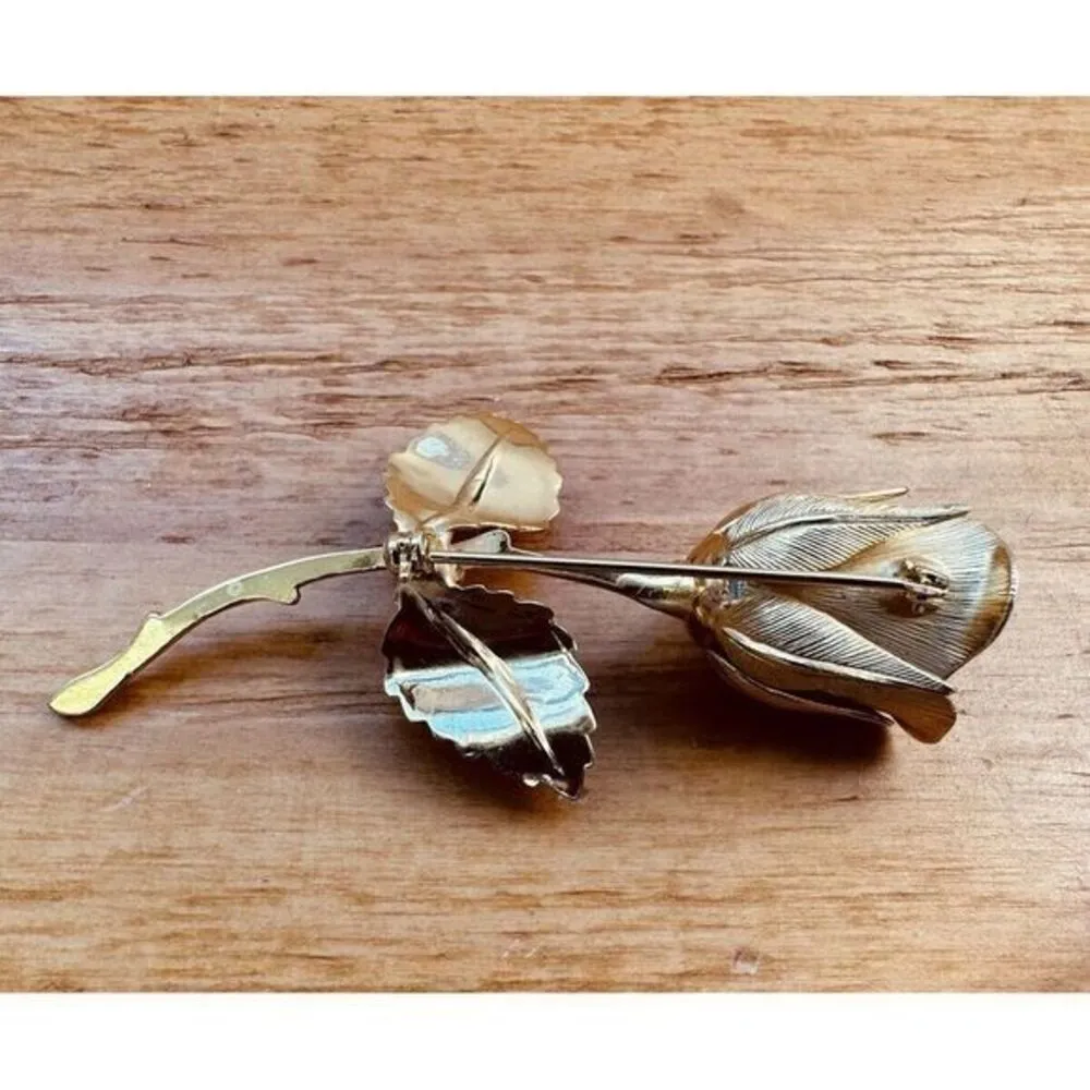 Vintage 3D‎ Rose Stem Brooch Brushed Gold Tone Jewelry Flower Pin 2.75" Long - Image 6