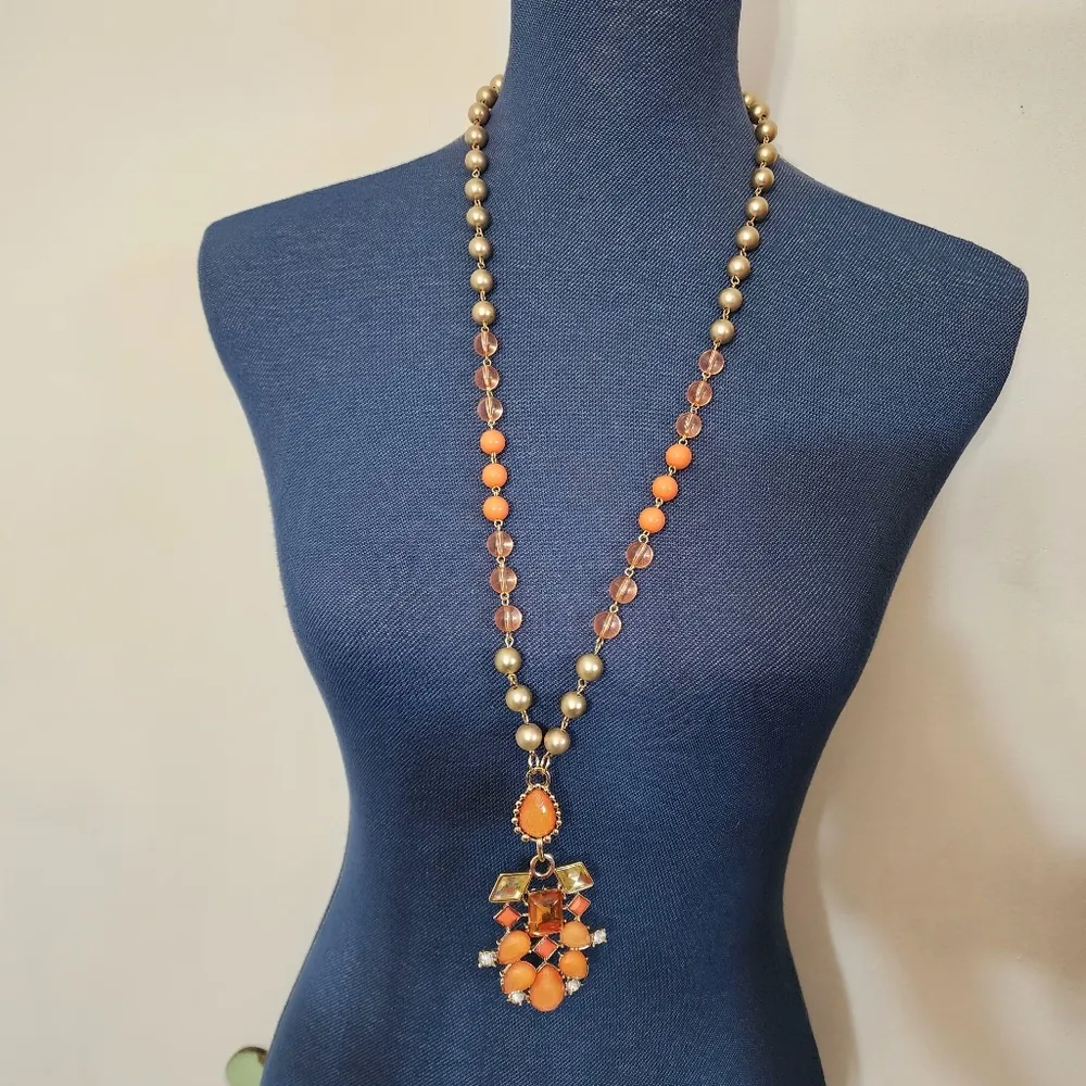 Long Orange and Gold Bead Necklace with Geometric Pendant - Image 5