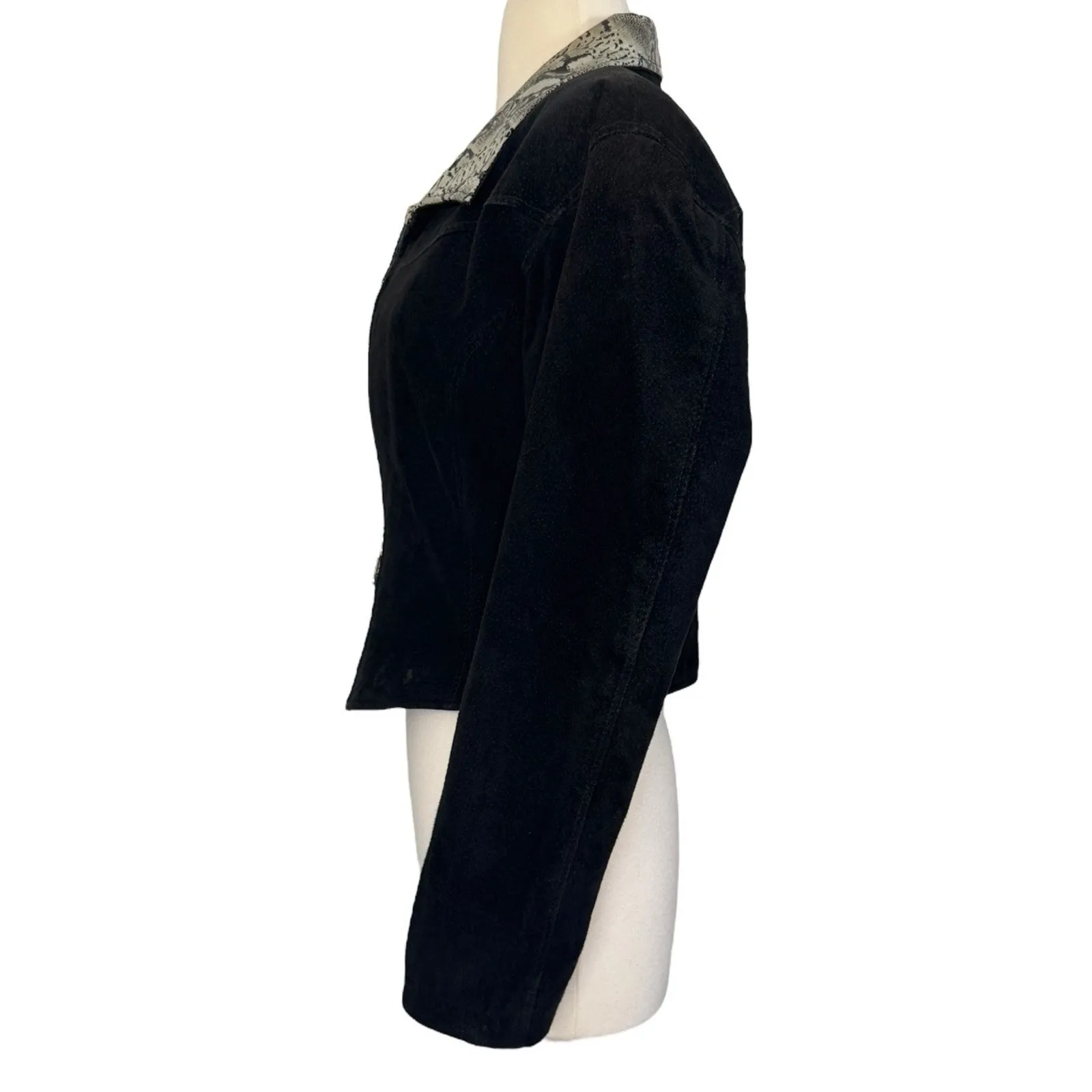 Vintage WILSON LEATHER Suede Black Snake Skin Pattern Collared Crop Jacket Sz M - Image 10