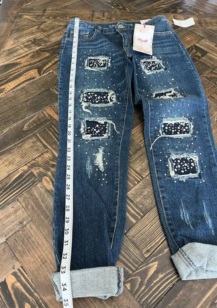 NWT Almost Famous Mid Rise Roll Up Jeans Women 9 Blue Denim Distressed Raw Hem - Image 10