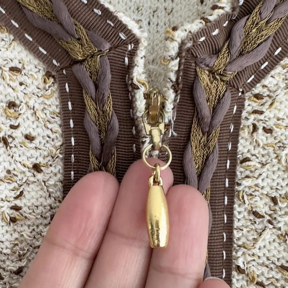 St John Jacket Womens 12 Brown Tweed Pattern Knit Zip Front Braided Trim Elegant - Image 5