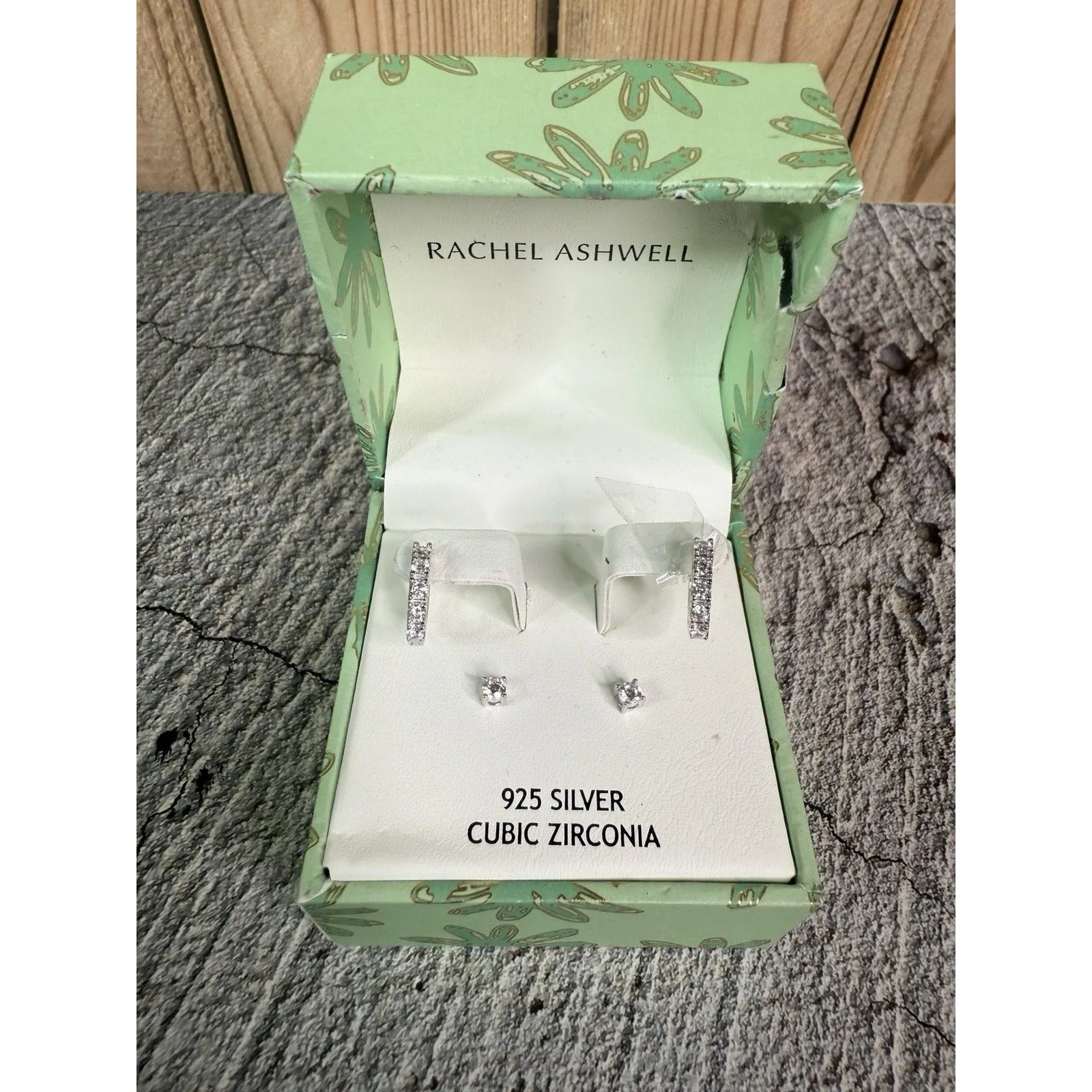 NIB Rachel Ashwell 925 Silver Cubic Zirconia Huggies & Stud Earrings Set - Image 2