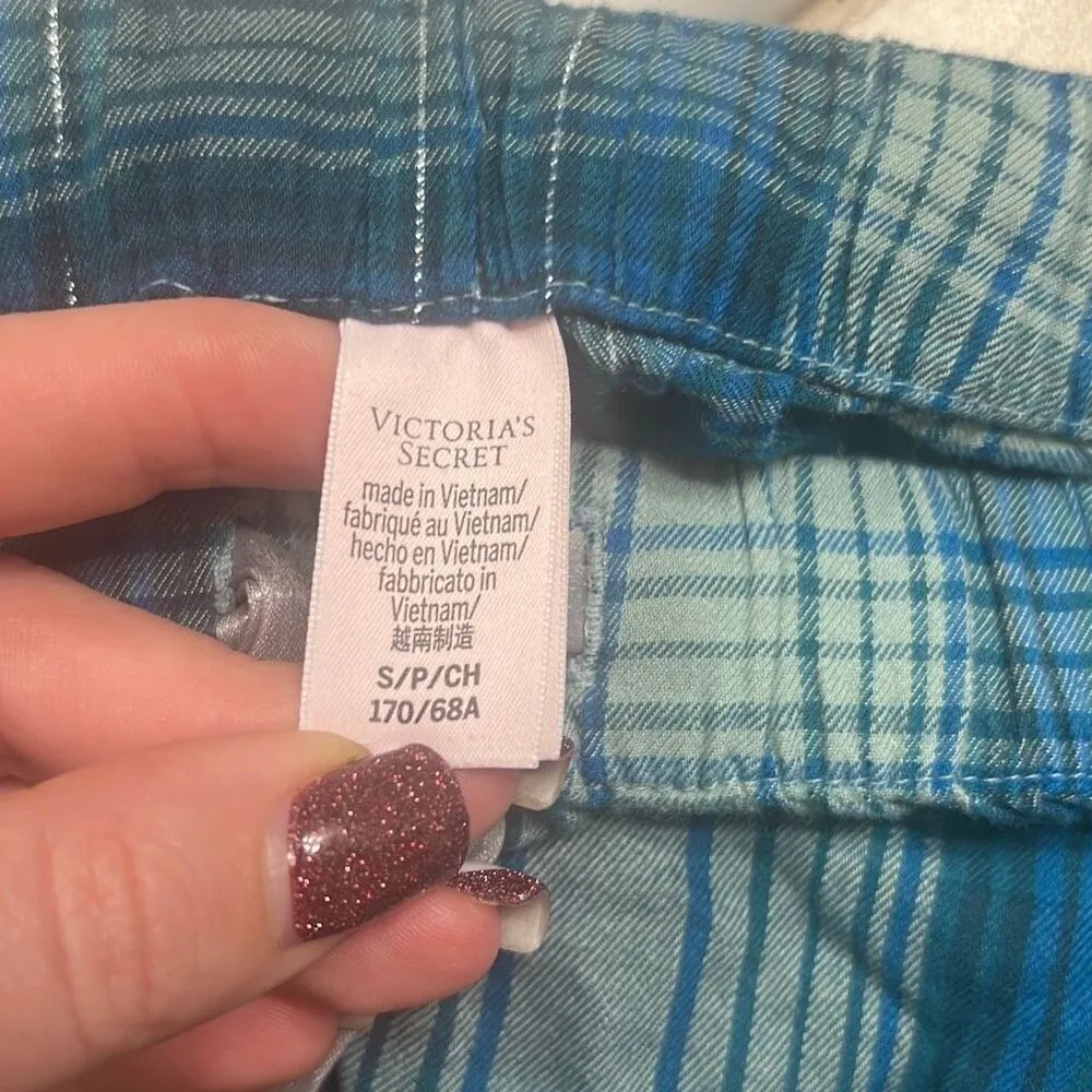 ✨VICTORIA'S SECRET Flannel Short Pajama Sz Small Shorts Sea Salt Green Plaid✨ - Image 5