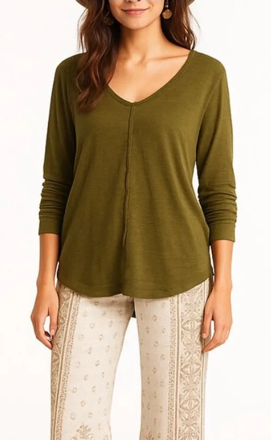ANTHRO Saturday Sunday Green MOSS Slub Knit Top Raw Seam Rounded V - Image 1