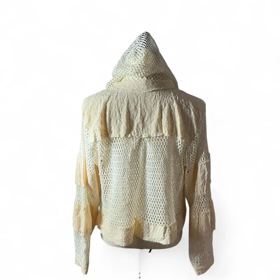 POL‎ Crochet Knit Hoodie Jacket S Small Zip Up Cream Festival Bohemian Boho - Image 2