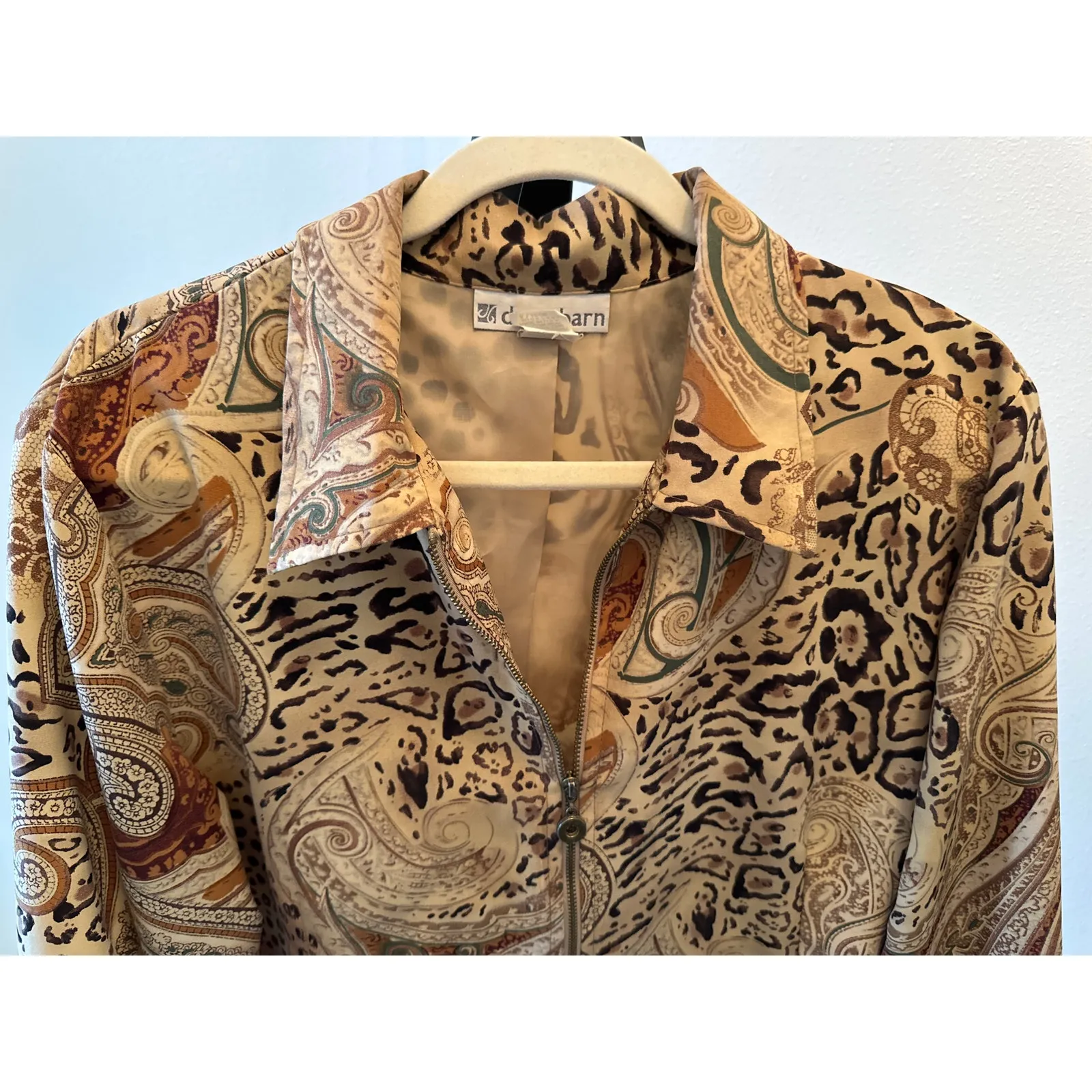 DressBarn Animal Print Lightweight Zip Blazer Size Large Safari Tan Brown Black - Image 2