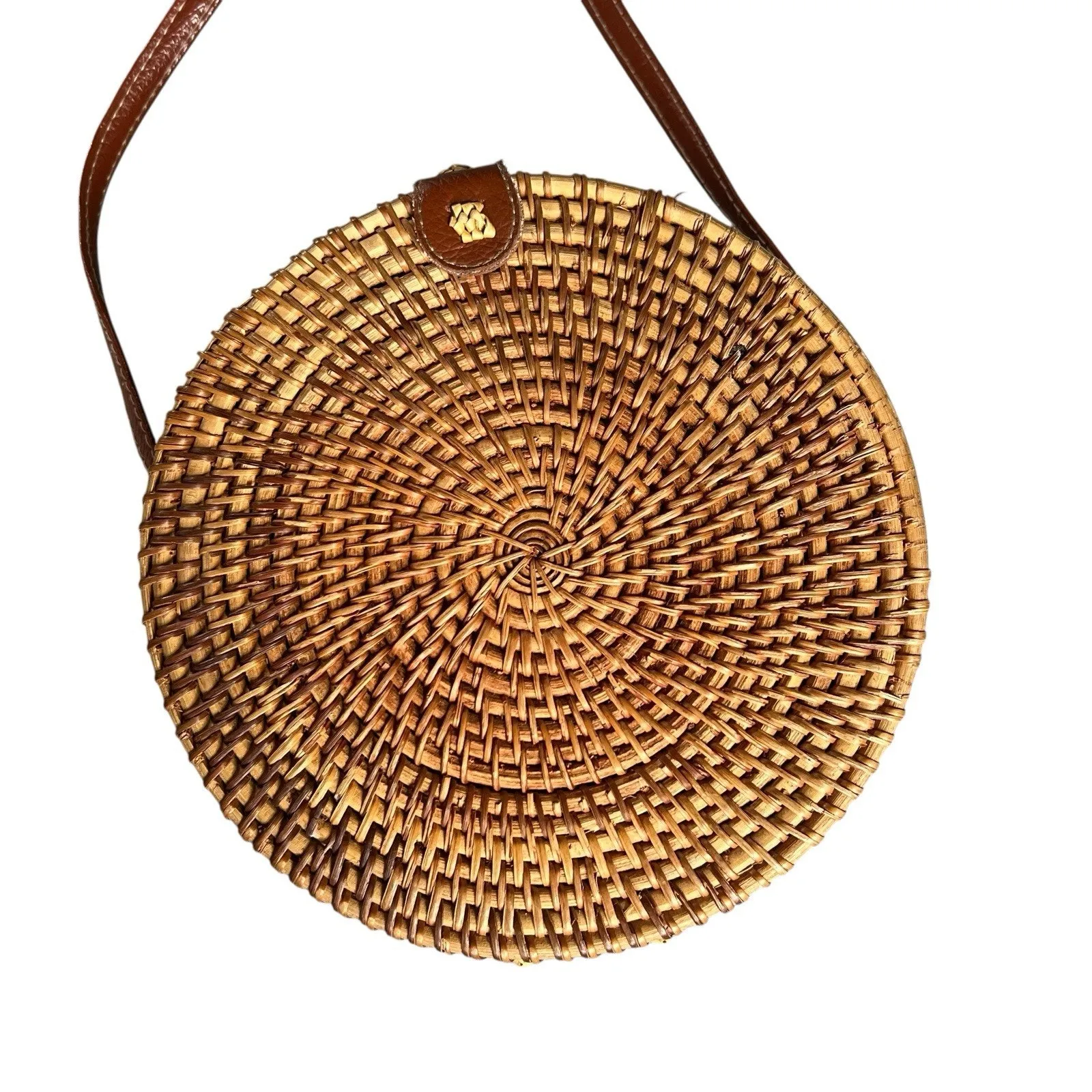 Round Rattan Straw Bag Wicker Purse Crossbody Faux Leather Strap Boho - Image 2