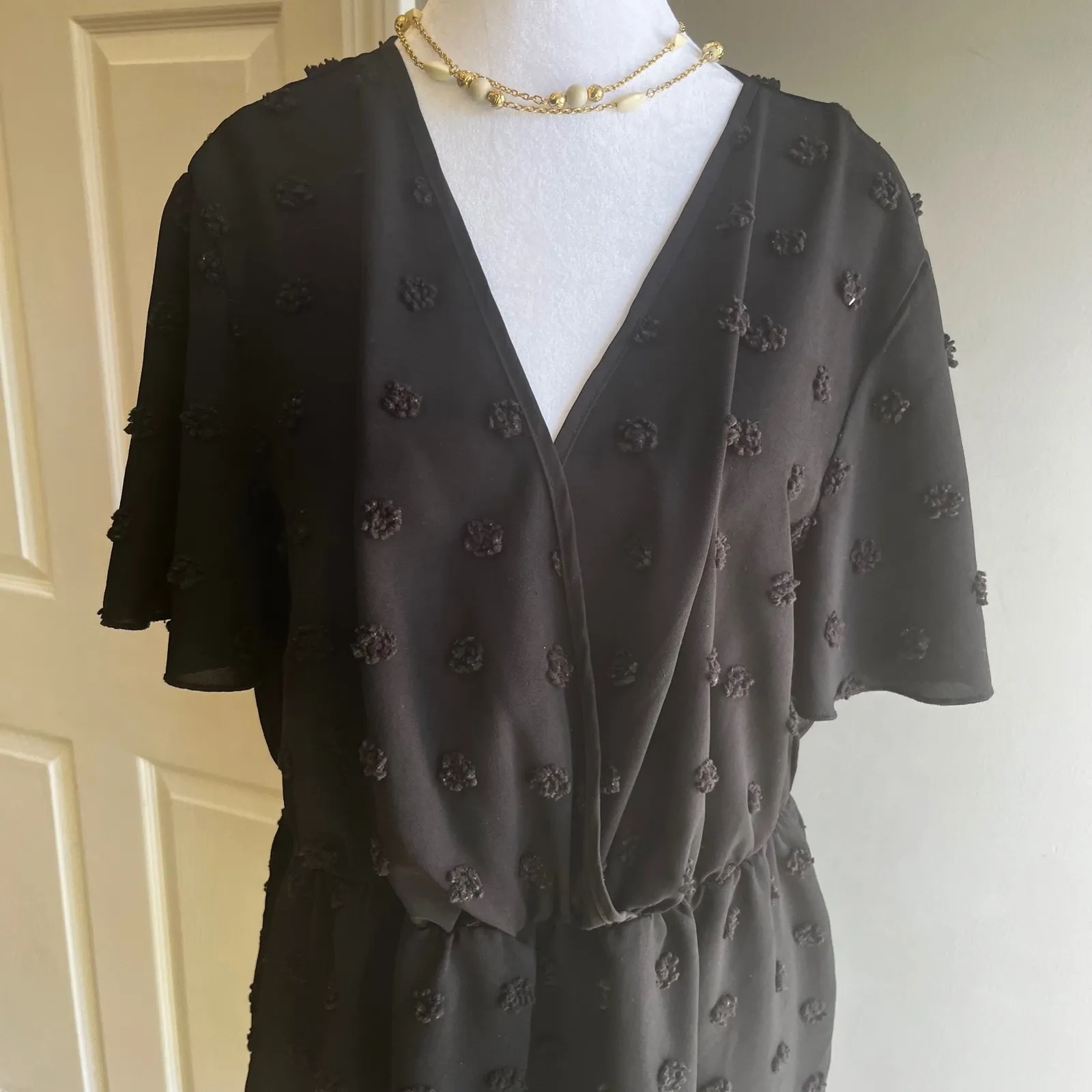 Black Pom Pom Romper V-Neck Short Sleeve Summer Casual Party Jumpsuit Size 1X - Image 2