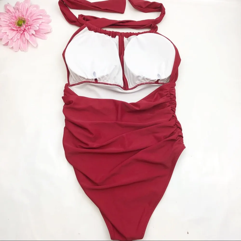 NEW Cupshe Keep Secrets Halter One Piece Swimsuit: Dark Brick Red - Image 4