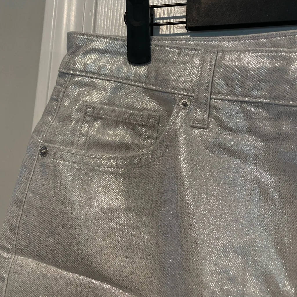 NWT Old Navy Size 12 Silver Shine Metallic Zip Stretch Denim A Line Mini Skirt - Image 3