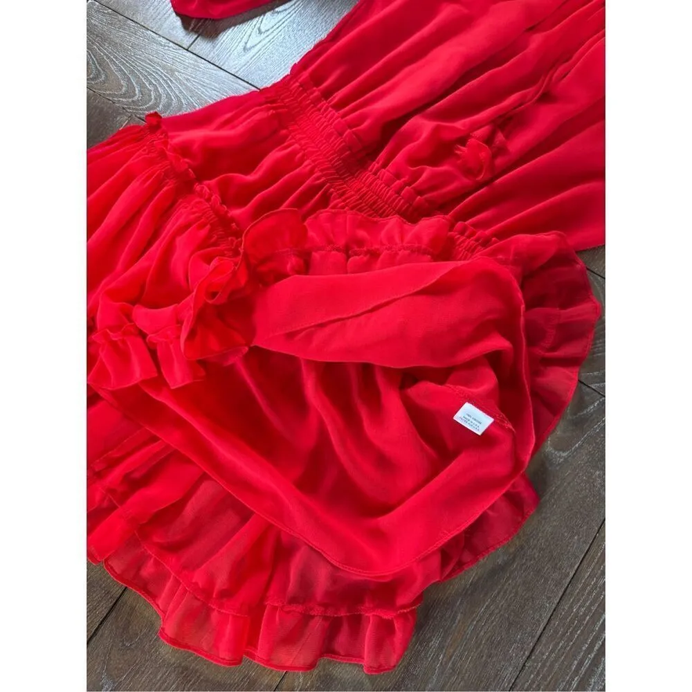 Misa Los Angeles Off Shoulder Daria Boho Crimson Red Mini Blouson Dress Size XS - Image 12