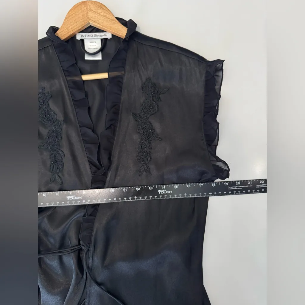 Intimo Donatella Robe Black Floral Ruffle‎ Trim Short Sleeve Lingerie Medium - Image 4