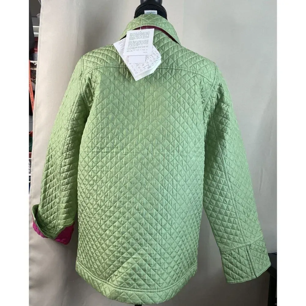 Quacker Factory Small Green Pink Quilted 100% Silk Jacket‎ Coat Full Zip NEW - Image 2