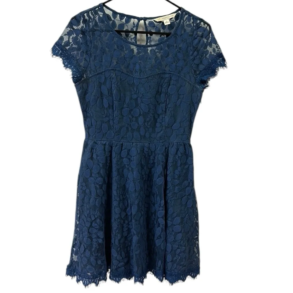 LC Lauren Conrad Blue Lace Overlay Short Sleeve Zip Side Mini Dress Womens 6 - Image 10