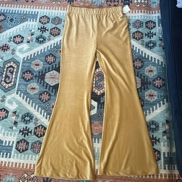 Tan Ribbed Velvet Velour Flare Soft Pants - Image 2