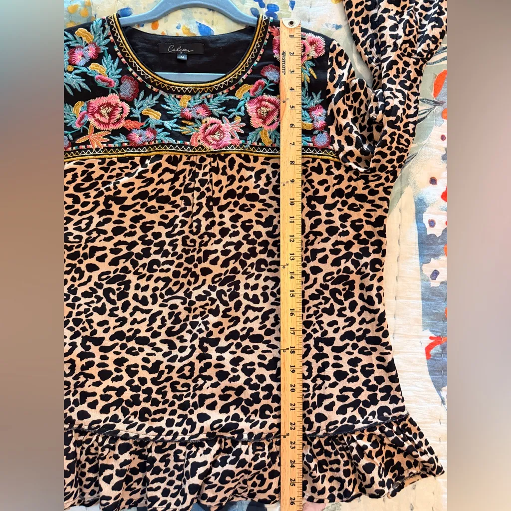 CALESSA M Floral Embroidered Leopard Print Peasant Boho Top Black Size M - Image 11