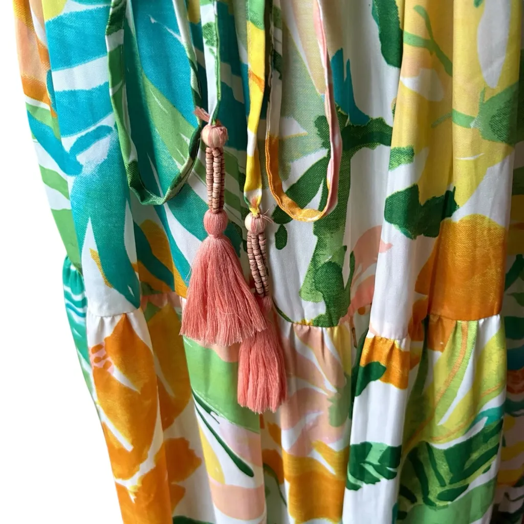 True Destinations Sleeveless Palm Print Tiered Button Down Maxi Dress, Sz XL Green - Image 13