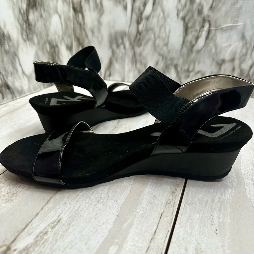 Anne Klein Sport Black Patent Strappy Sandals Wedge Heels Shoes Summer Vacation - Image 6