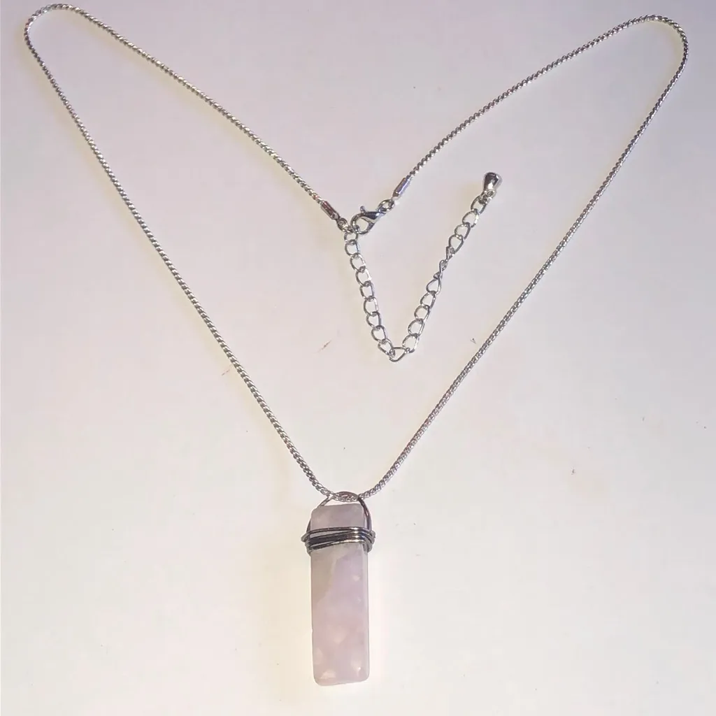 Silver Tone Rose Quartz Boho Crystal Pendant Necklace Pink - Image 2