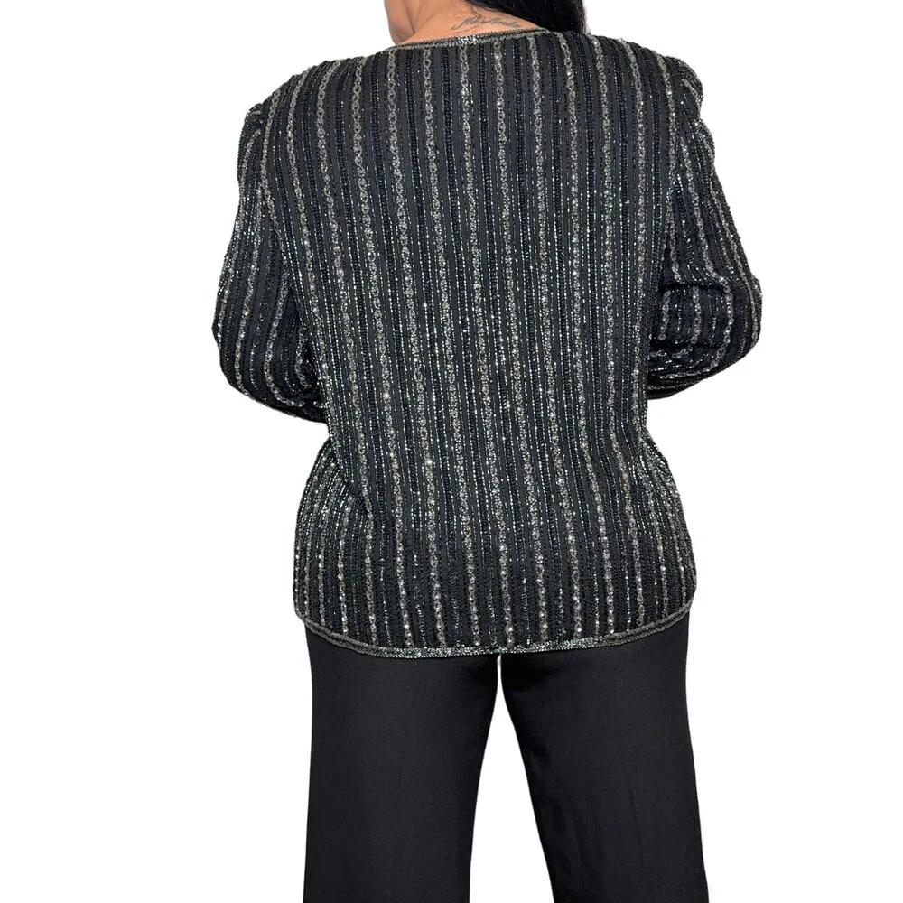 Vintage Papelle Boutique black and silver silk Beaded Evening Jacket size XL - Image 2