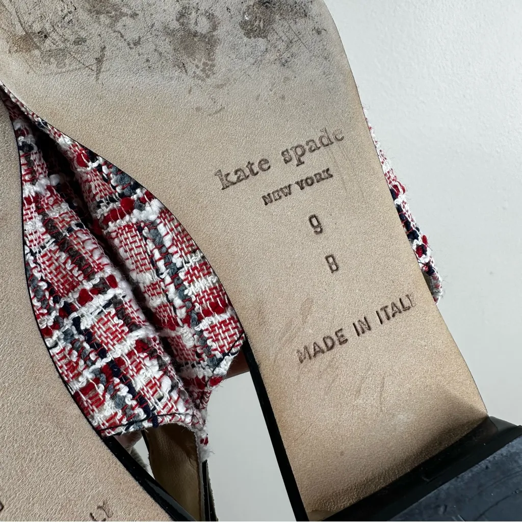 Kate Spade Tweed Plaid Slingback Shoes Womens 9 Patent Toe Low Heel Bow - Image 4