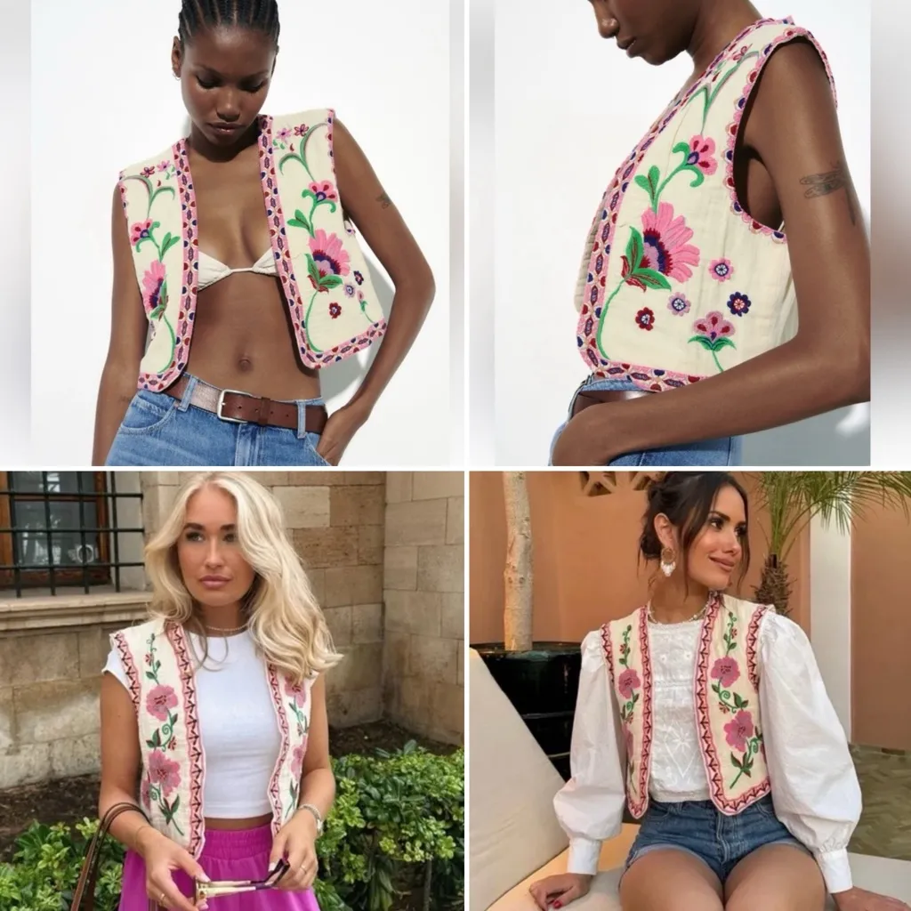 ZARA Floral Embroidered Open Front Lined Cotton Vest Ecru Pink Purple Size Large - Image 8
