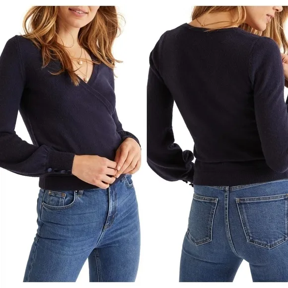 BODEN Maddie Button Cuff Surplice Sweater (US/14) Blue Size undefined - Image 3