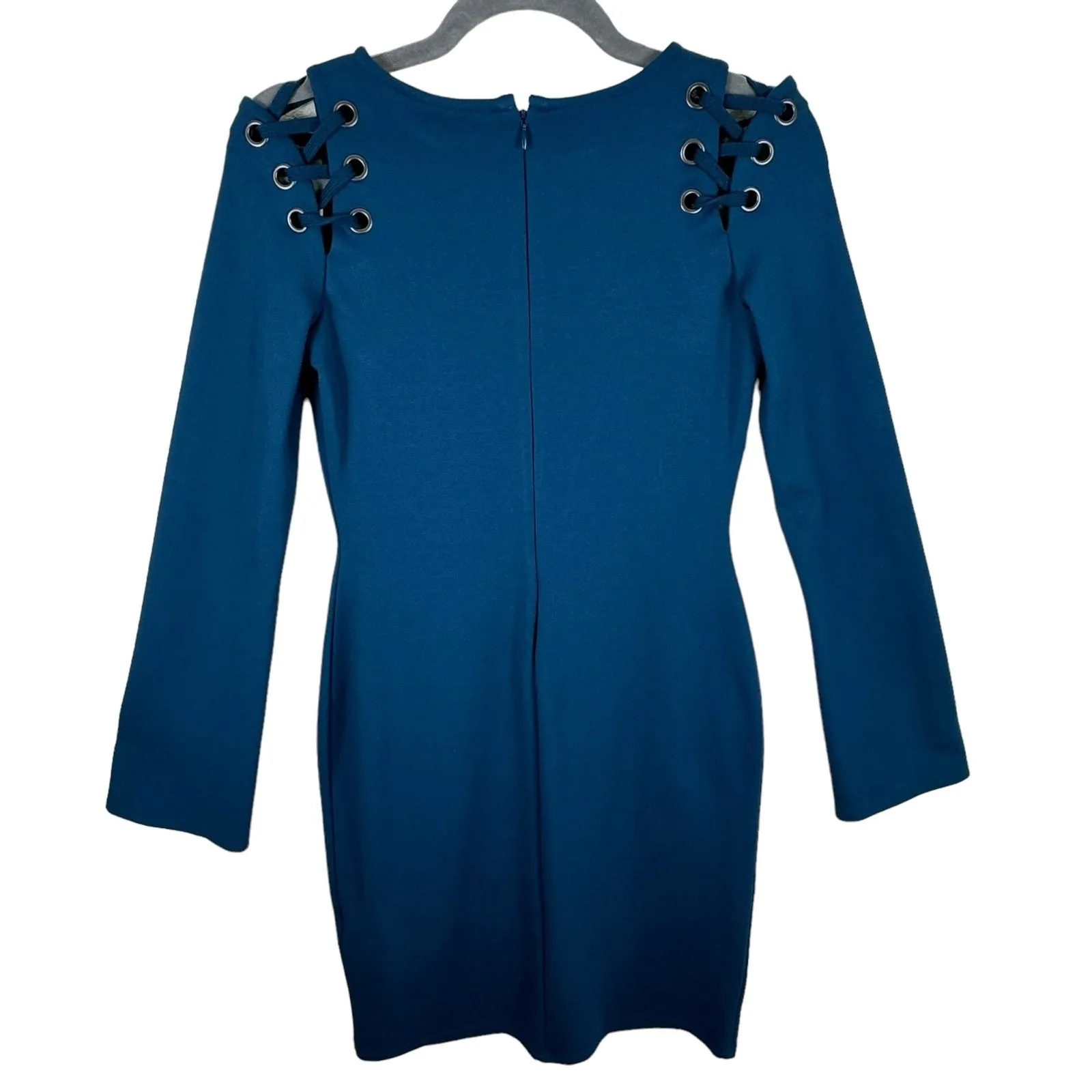 Bar III Teal 3/4 Sleeve Round Neck Knit Short Stretchy Sheath Dress Size XS - Image 2