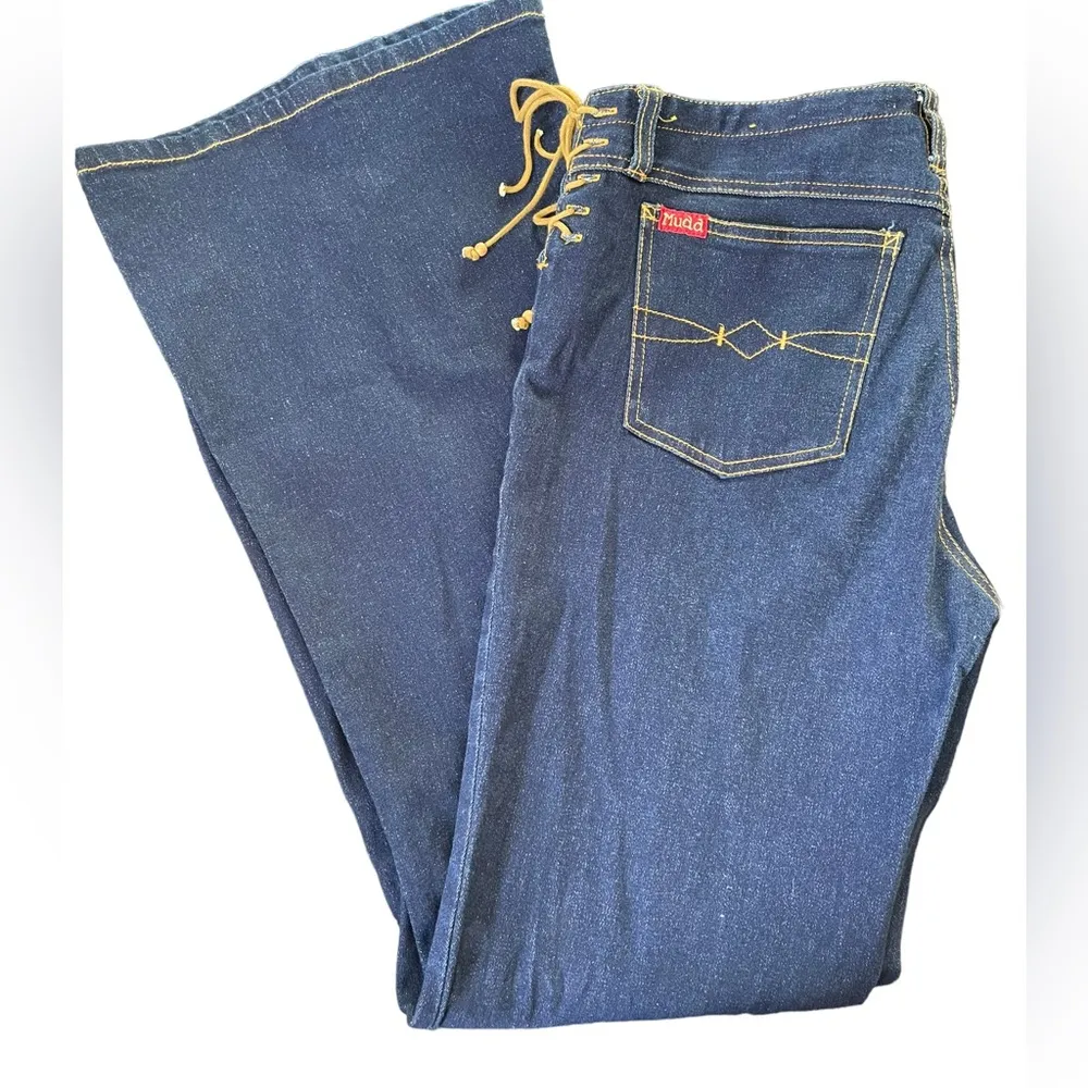 Mudd Vintage Y2K Blue Corset Lace Up Tie Sides Stretch Hippie Flare Denim Jeans - Image 7
