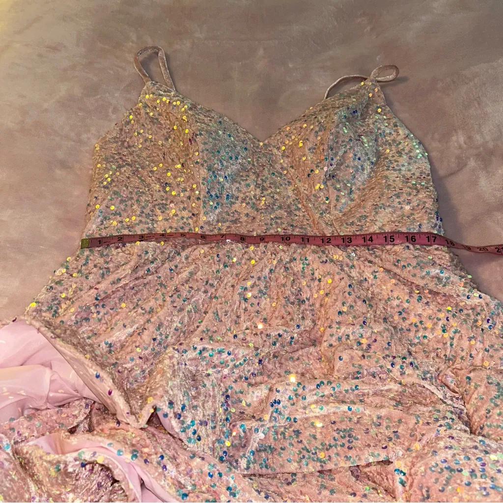 Pink Spaghetti strap fuzzy sequins tiered prom dress size 20 Fairycore princess - Image 8