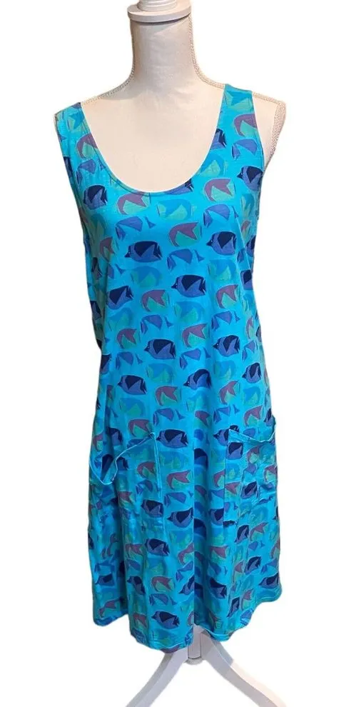 Fresh Produce Blue Fish Print Sleeveless Dress / Cotton Swim Cover Up Size M - Image 1