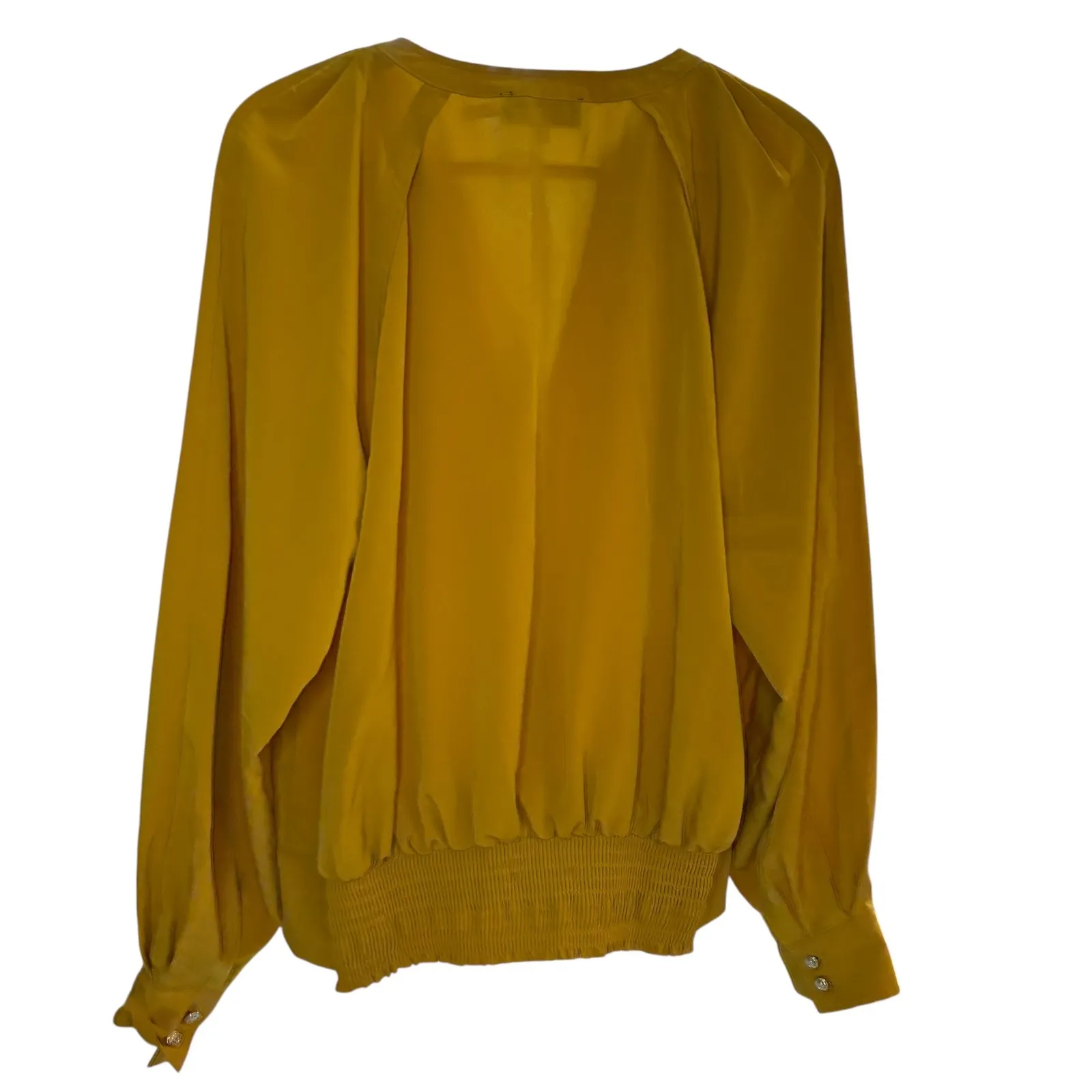 Karl Lagerfeld Mustard Yellow Long Sleeve V-Neck Smocked Blouse‎ Top Size Large - Image 6