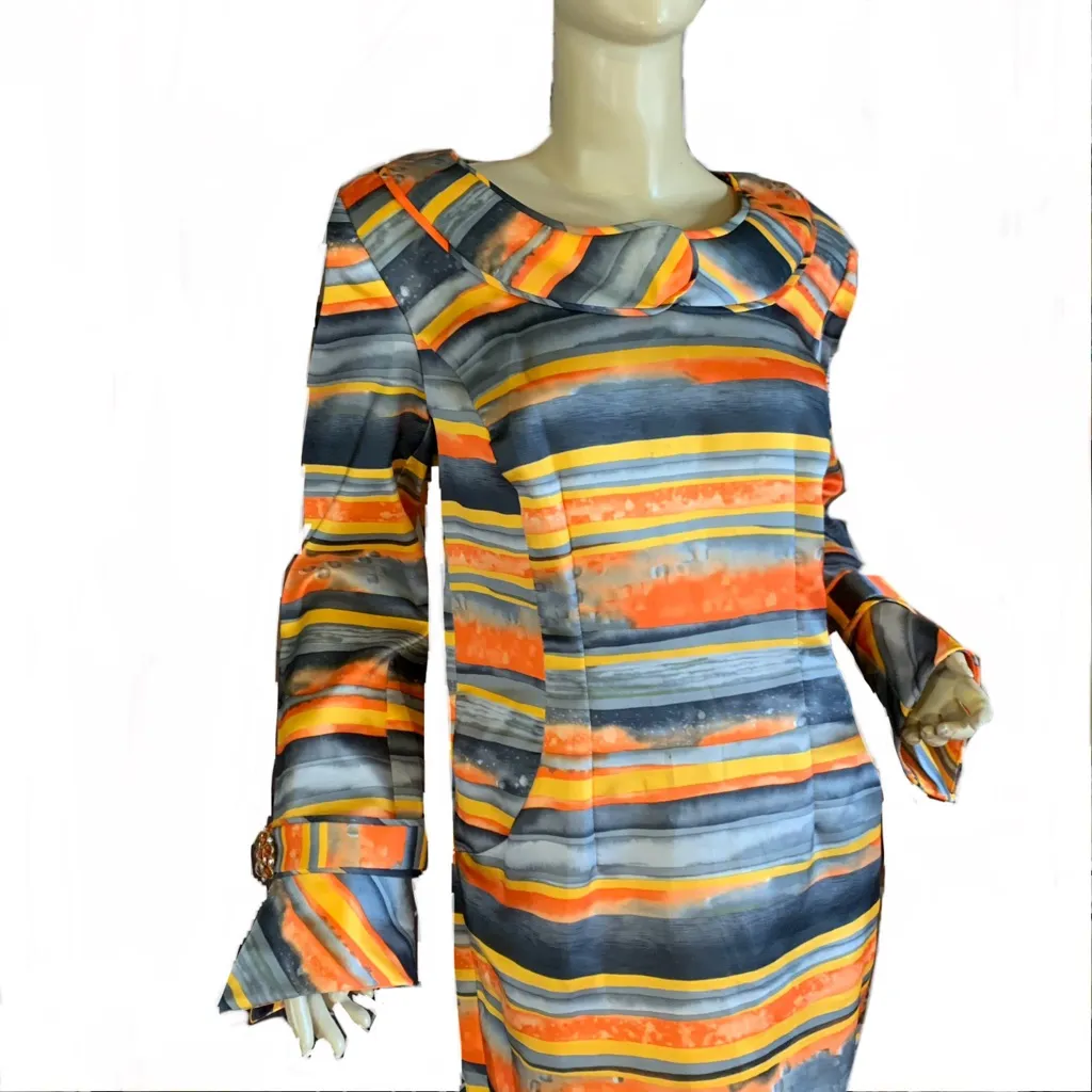 LILLY & TAYLOR ORANGE, YELLOW & GRAY STRIPED WIGGLE DRESS WITH JEWEL CUFFS (8) - Image 7