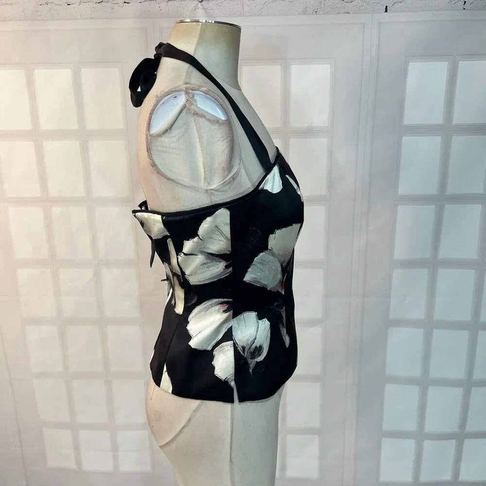 White House Black Market Black Floral Buster Silk Halter Blouse Size 0 - Image 4