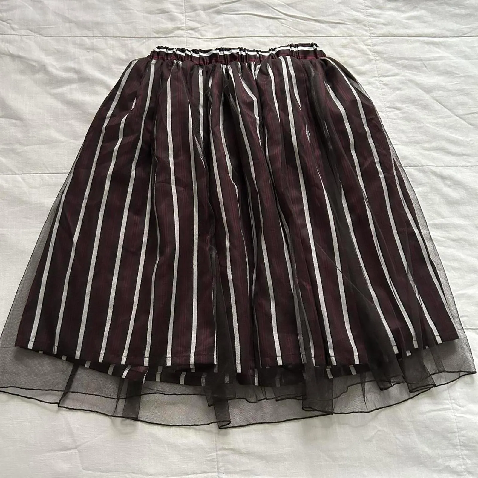 Axes Femme burgundy and white striped skirt with black tulle overlay Size medium - Image 4