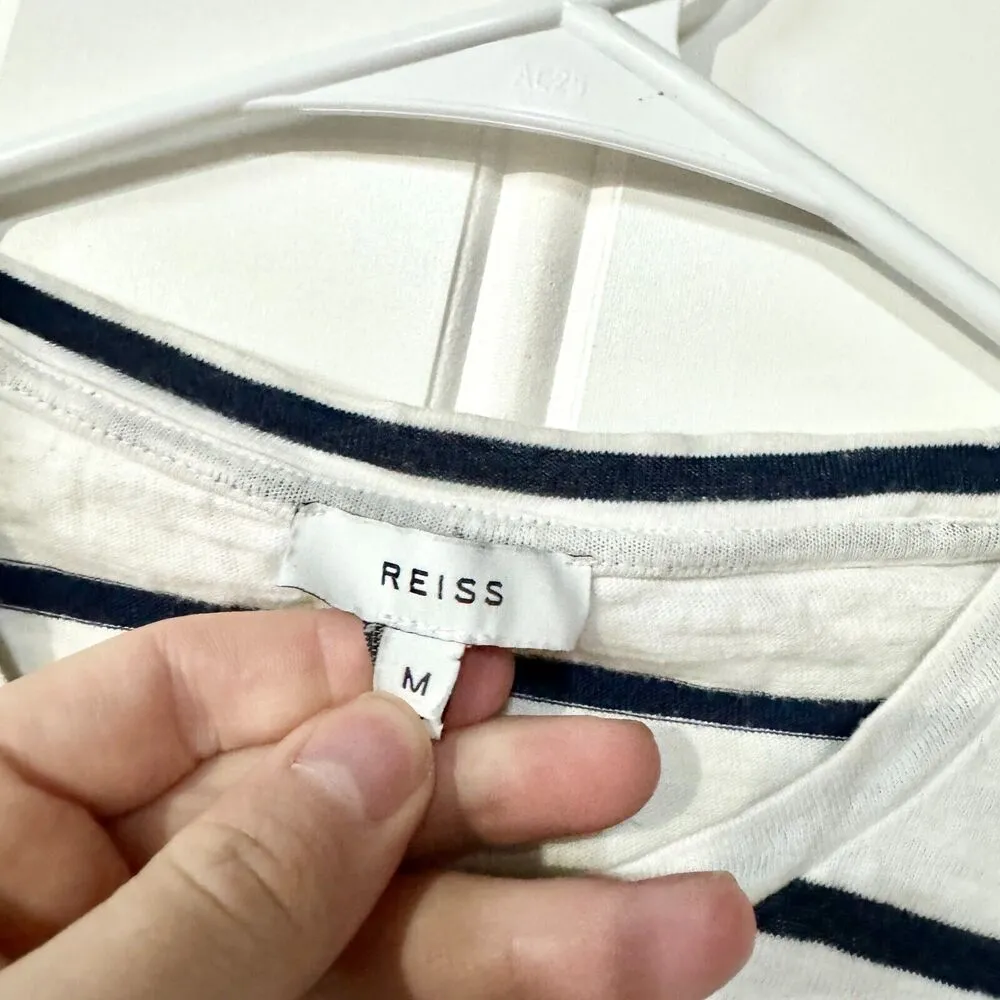 REISS Shirt Women Size M Short Sleeve Cotton Crewneck Navy Blue & White Casual - Image 2