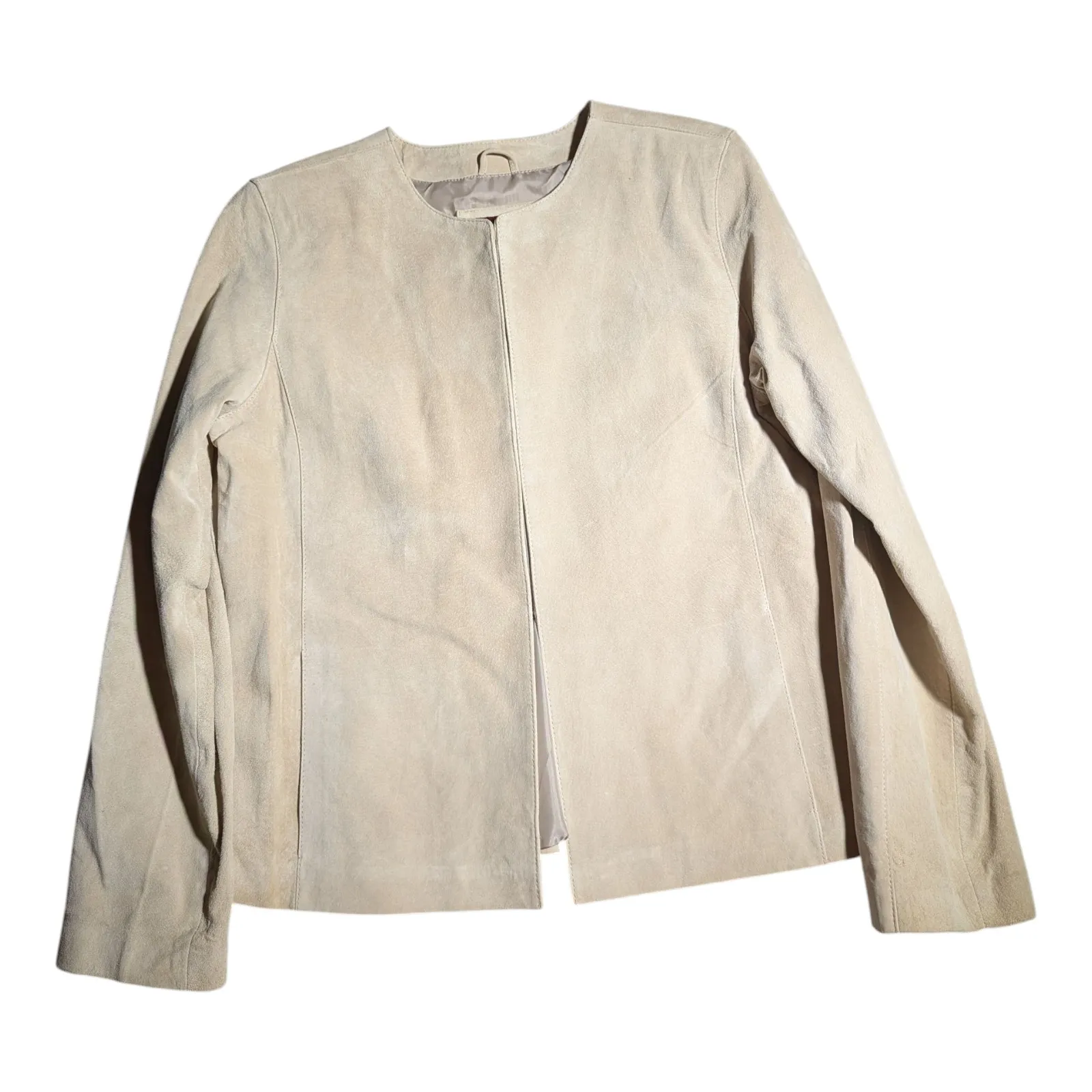 Vtg Y2K Merona Beige Genuine Suede Hook Closure Collarless Minimalist Jacket L Tan Size L - Image 1