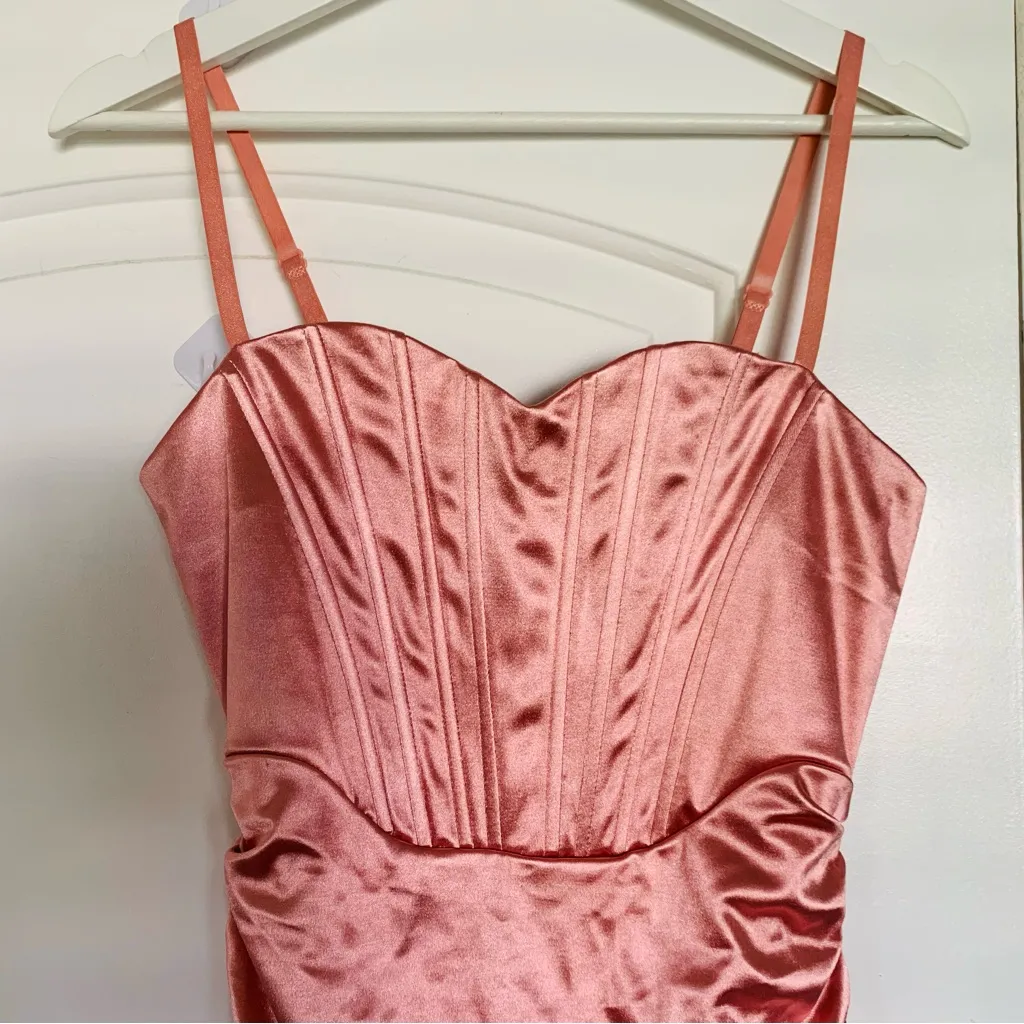NWT LINJOU Rose Pink Satin/Silk Sweetheart Corset Ruched Wrap Bodycon Dress | L Size L - Image 9