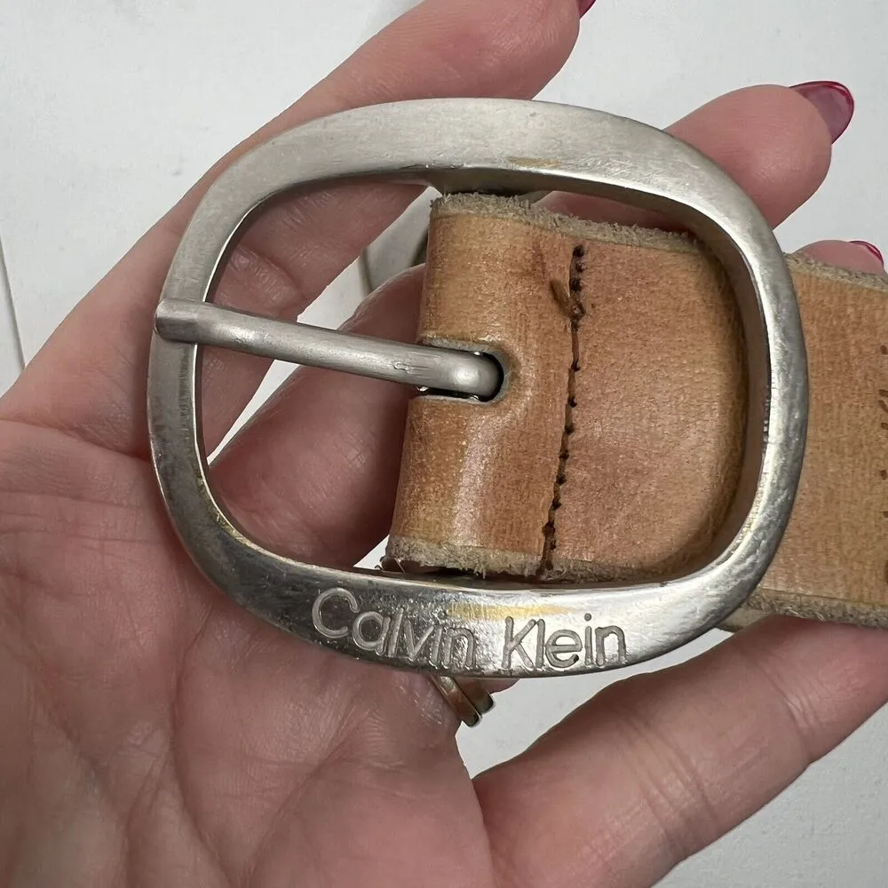 Calvin Klein Size L Belt Leather Beige Perforated Silver Tone Buckle Vtg Women’s - Image 3