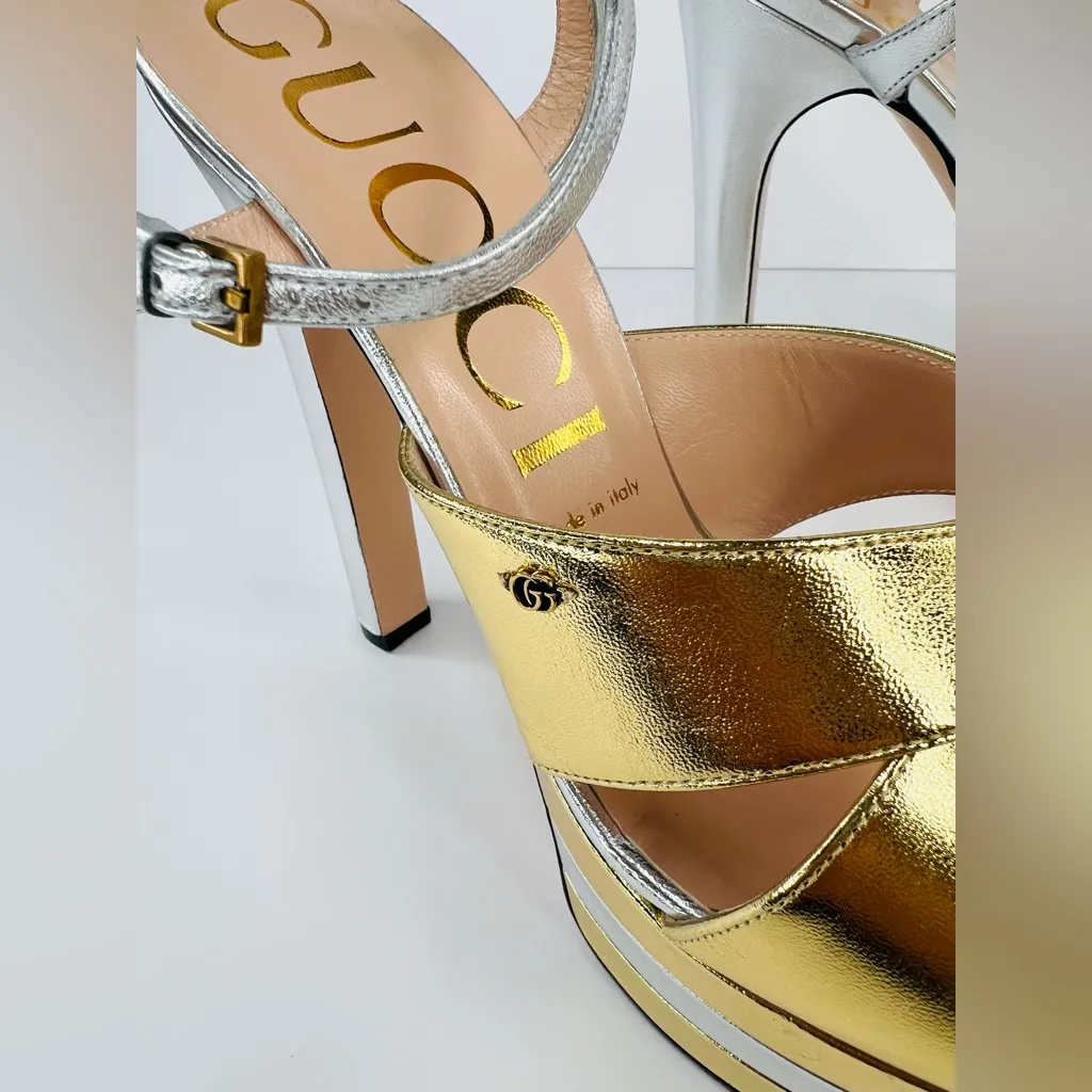 Gucci Crisscross Metallic Leather Straps Platform Heel Logo Sandals Size EU 39.5 - Image 8