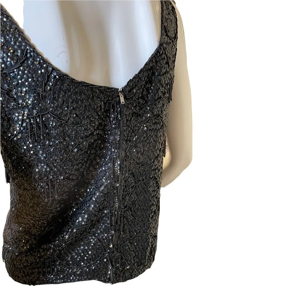 Vintage 1960s Black Sequined Crystal Embellishments Scalloped Formal Party Top M Black Size M - Image 6