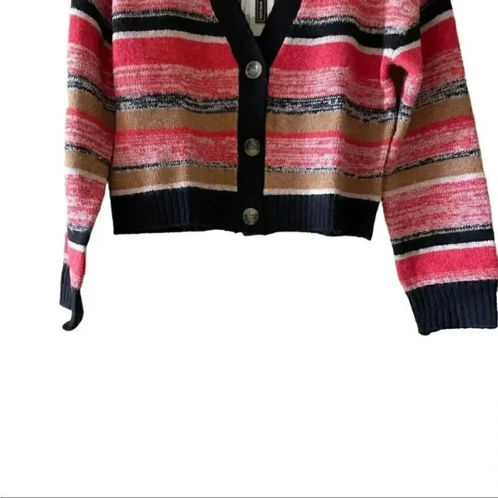 BP BLACK MARL STRIPE Button Down Red Black V-Neck Crop Cardigan Sweater XS - Image 8