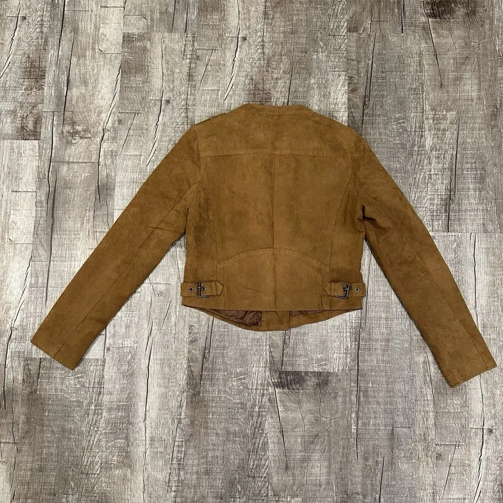 Be Cool Faux Suede Moto Biker Jacket Utility Beige Tan Women's Size Small - Image 7