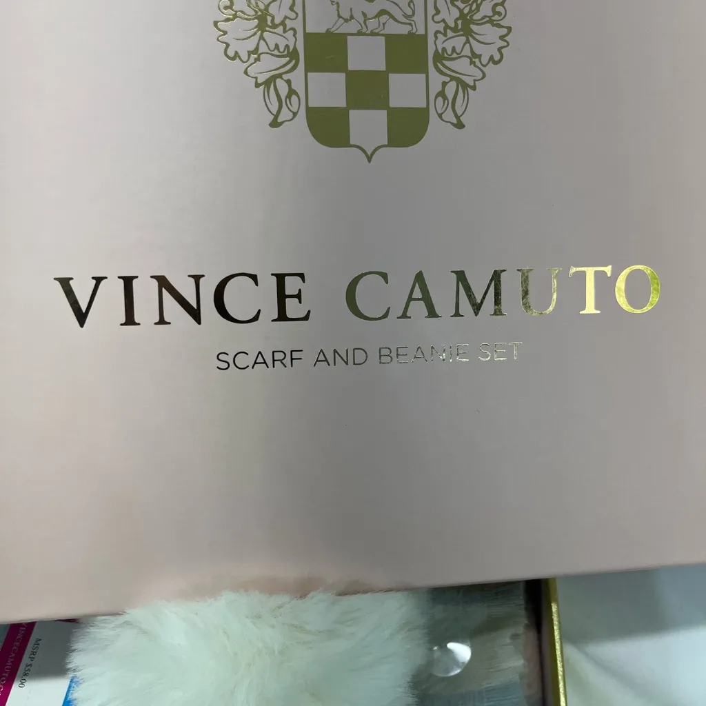 Vince Camuto Cream Knit Beanie and Plaid Scarf Set New In Box - Image 4