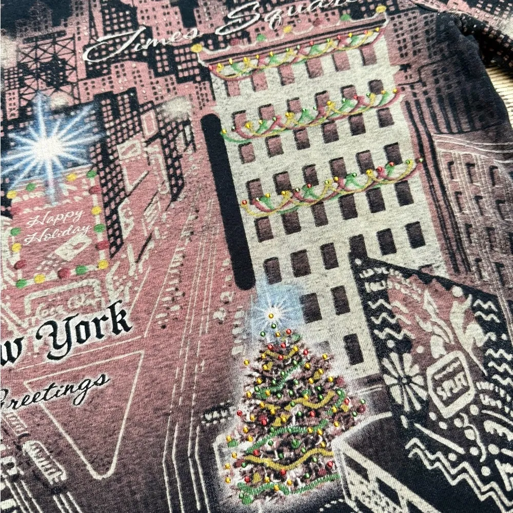 Vintage Y2K Top Long Sleeve Shirt New York City Christmas Bling L Large XL Black - Image 2