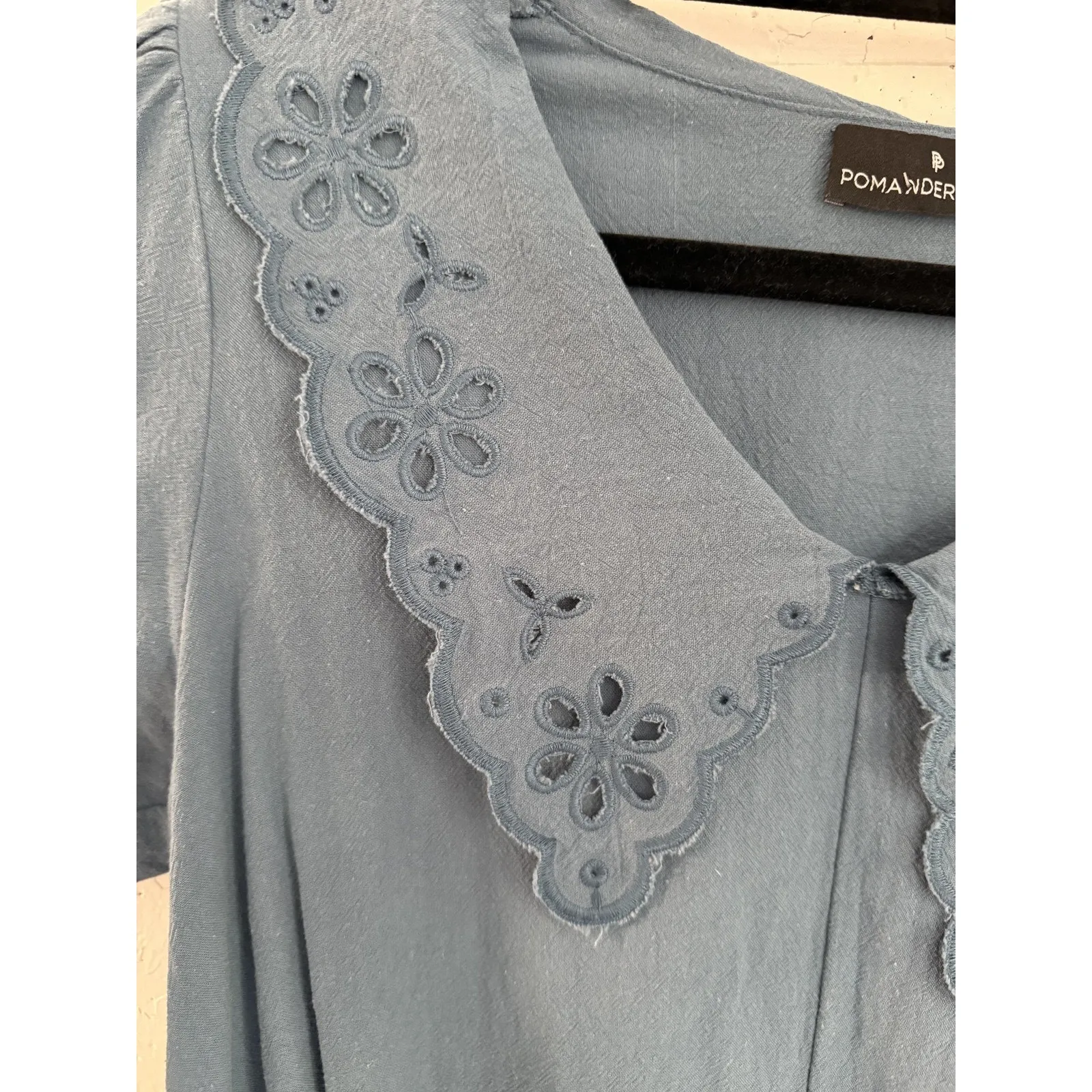 Pomander Place Dress Women's S French Blue Eyelet Collar Puff Sleeve Boho Cotton - Image 5